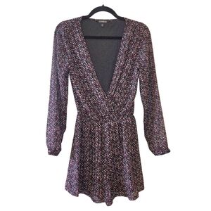 Express Long Sleeve V-Neck Mini Romper - Pink/White Speckled - XS